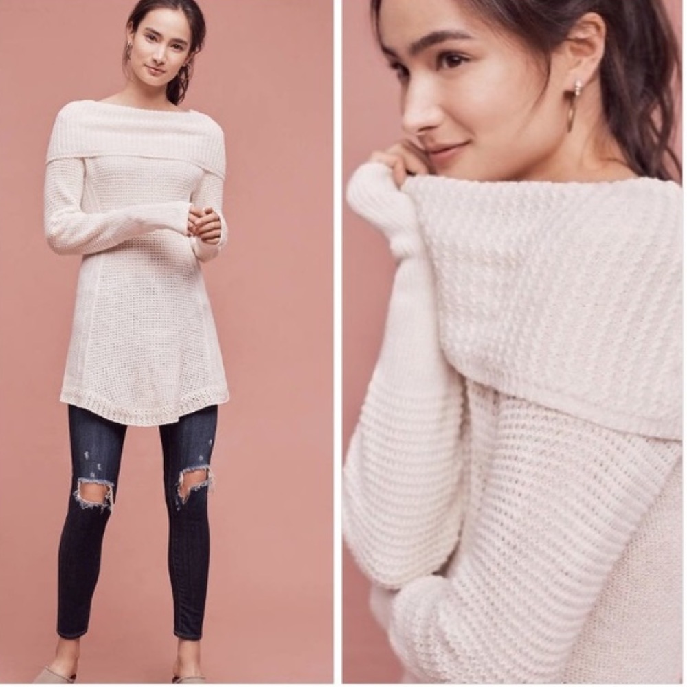 Anthropologie Ivory Knit Cowl Neck Tunic Sweater